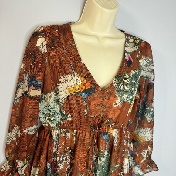 Anthropologie Hemant & Nandita Zeri Dress Brown Floral Tiered Ruffle Sleeve boho - Picture 9 of 15